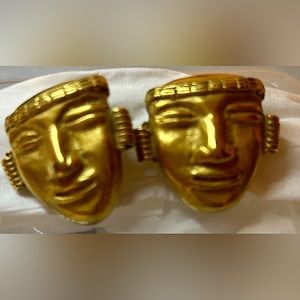 Pre Colombian “Galeria Cano” 24k Gold platted Style Mask Earrings Pair